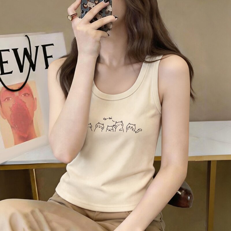 杏色印花吊带背心女夏季内搭显瘦打底衫洋气短款外穿棉质无袖上衣