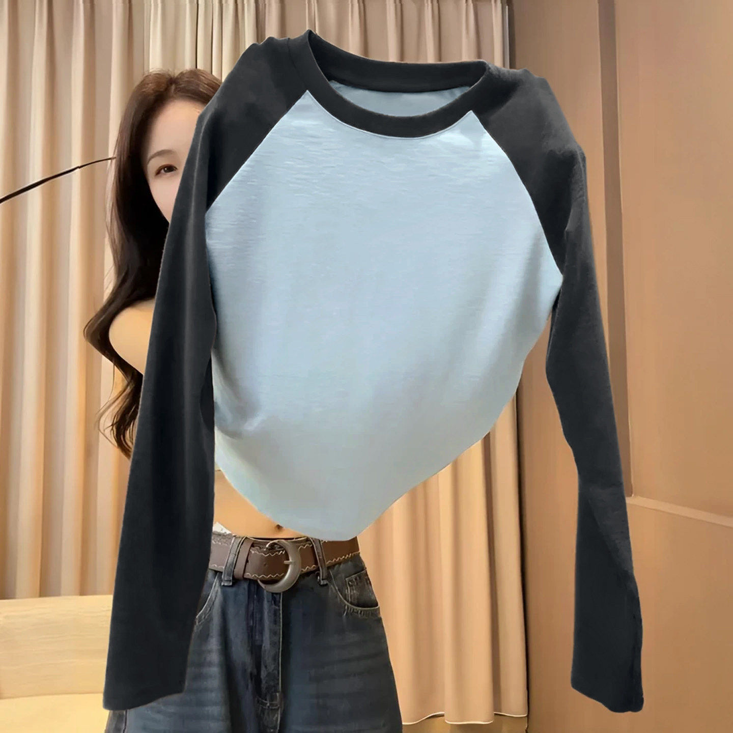 秋冬棉质长袖T恤女撞色显瘦