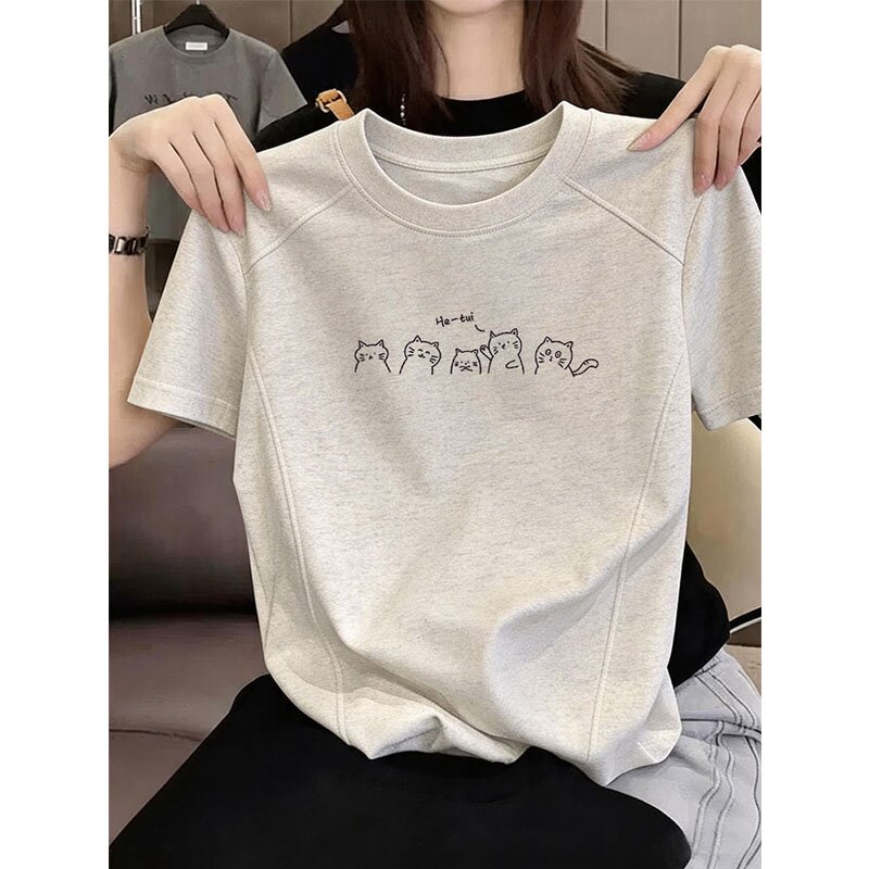 杏灰色短袖t恤女内搭夏季短款棉质不规则下摆正肩显瘦打底上衣ins
