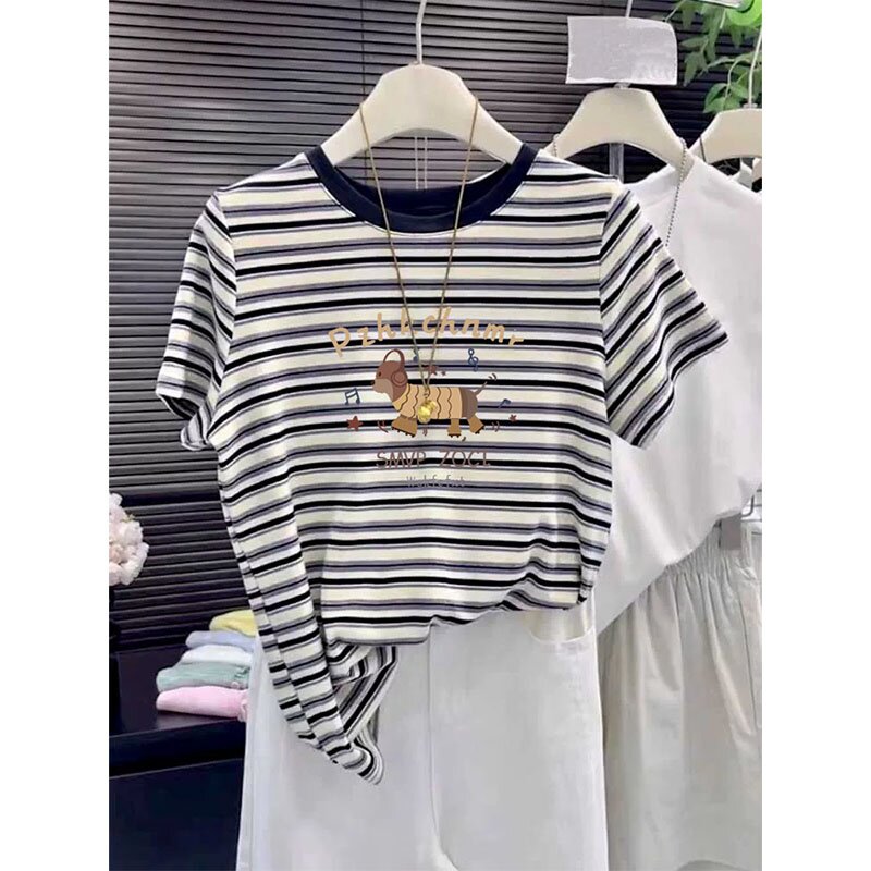 条纹领口拼色棉质正肩圆领短袖t恤女装夏季潮牌上衣时尚潮流体恤