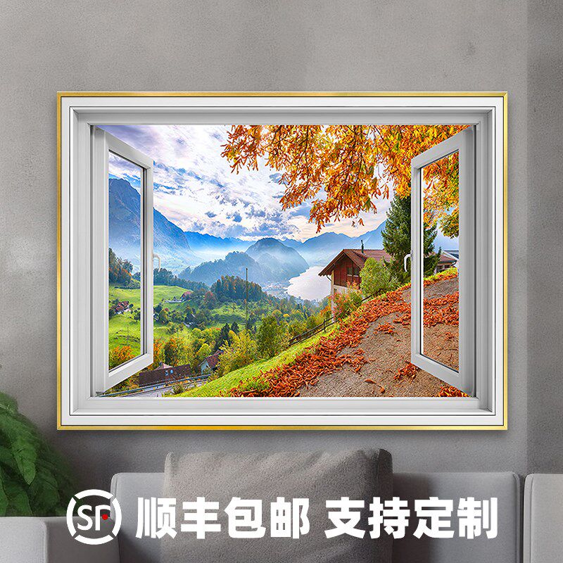 3D假窗户发光装饰画暗房地下室餐厅民宿酒店客房立体带灯窗景挂画