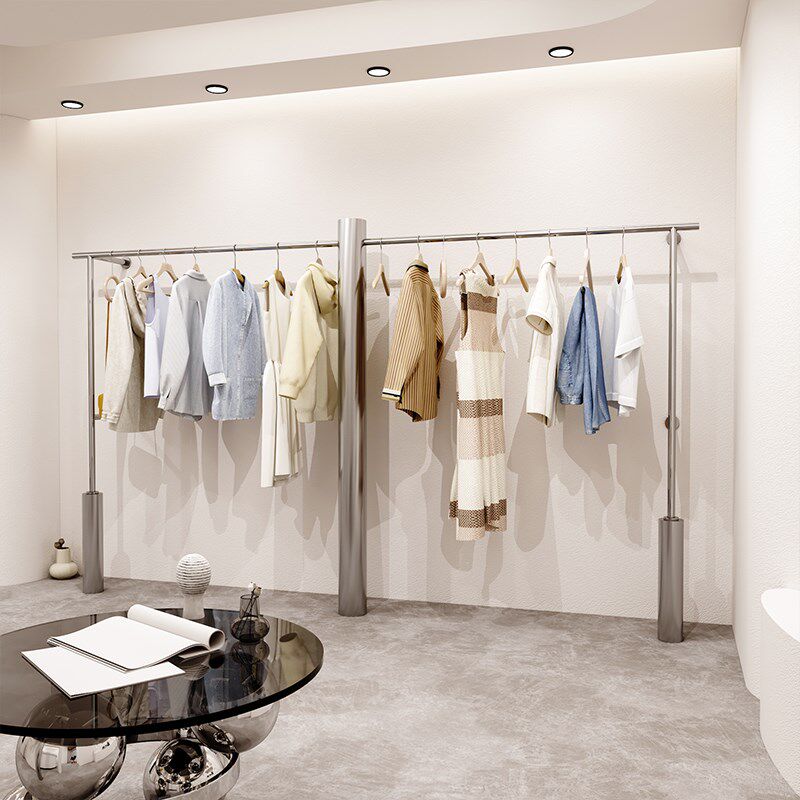 服装店展示架落地式女装店货架上墙挂衣架不锈钢银色童装店陈列架