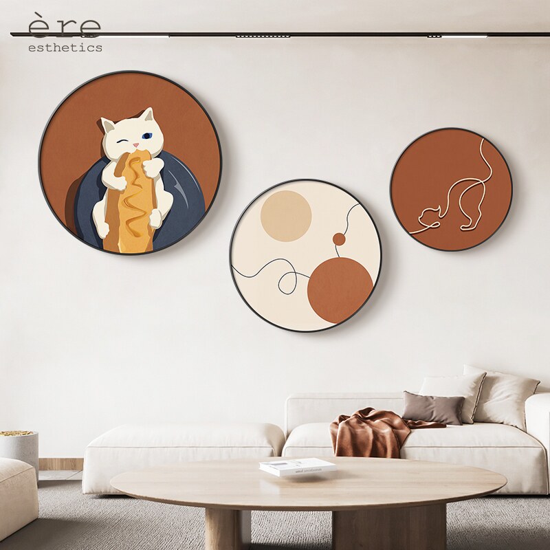 网红北欧创意餐厅背景墙装饰画可爱猫咪圆形客厅壁画挂画搭配组合
