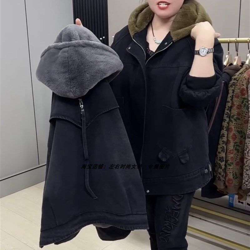 大码女装2023新款宽松显瘦休闲连帽牛仔外套加绒冬款夹克厚外套女