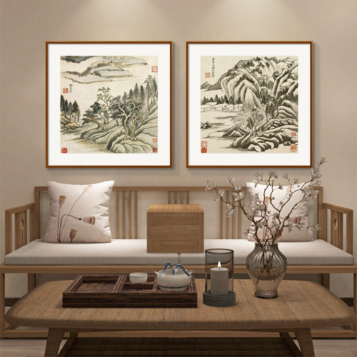 董其昌国画山水画斗方新中式玄关装饰画客厅书房水墨画办公室挂画