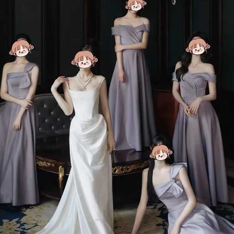 紫色伴娘服2024新款缎面高级姐妹团法式优雅拖地生日party晚礼服