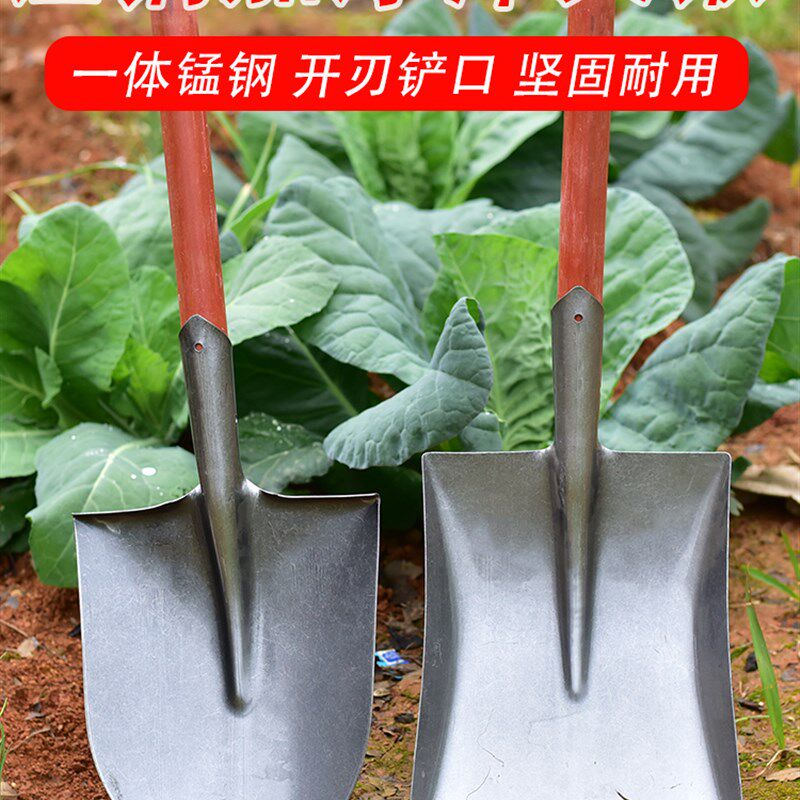 铁锹木柄锰钢加厚多功能挖土家用农用平头铁铲方头锹头圆头尖铲子