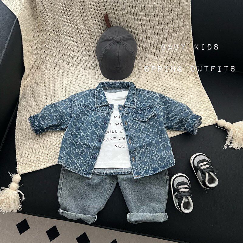 婴幼儿春装衣服男女宝宝春秋新款牛仔衣潮范长袖翻领衬衫外套衬衣