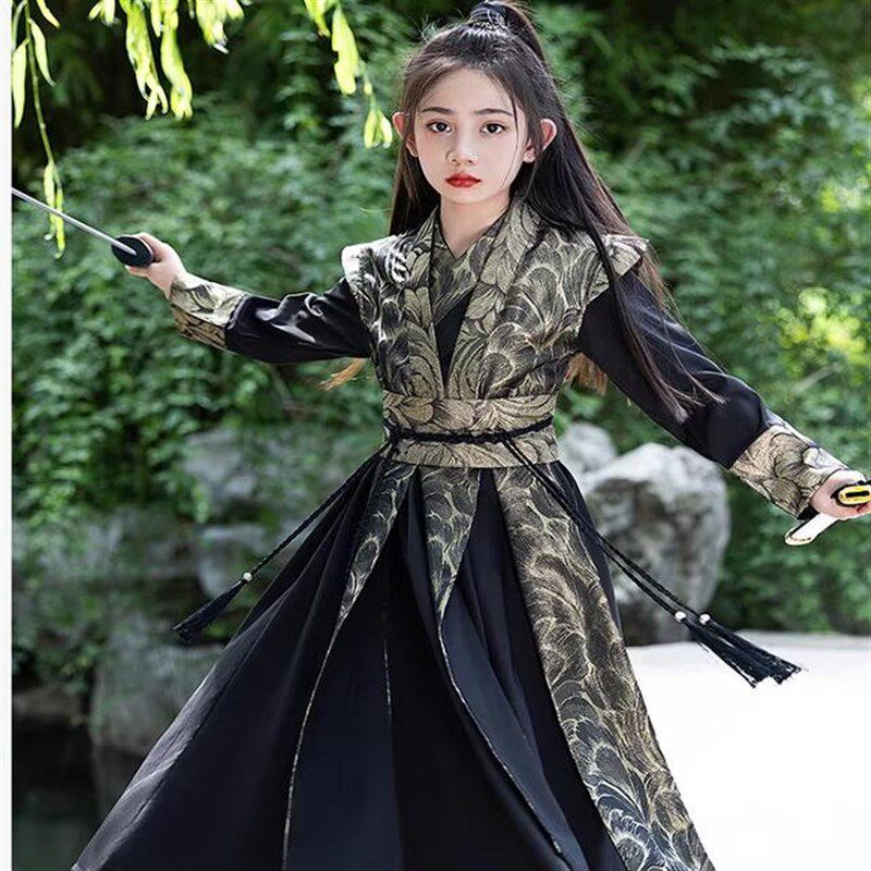 男童女童古装汉服女侠风剑客儿童花木兰服装武侠女扮男装演出服黑