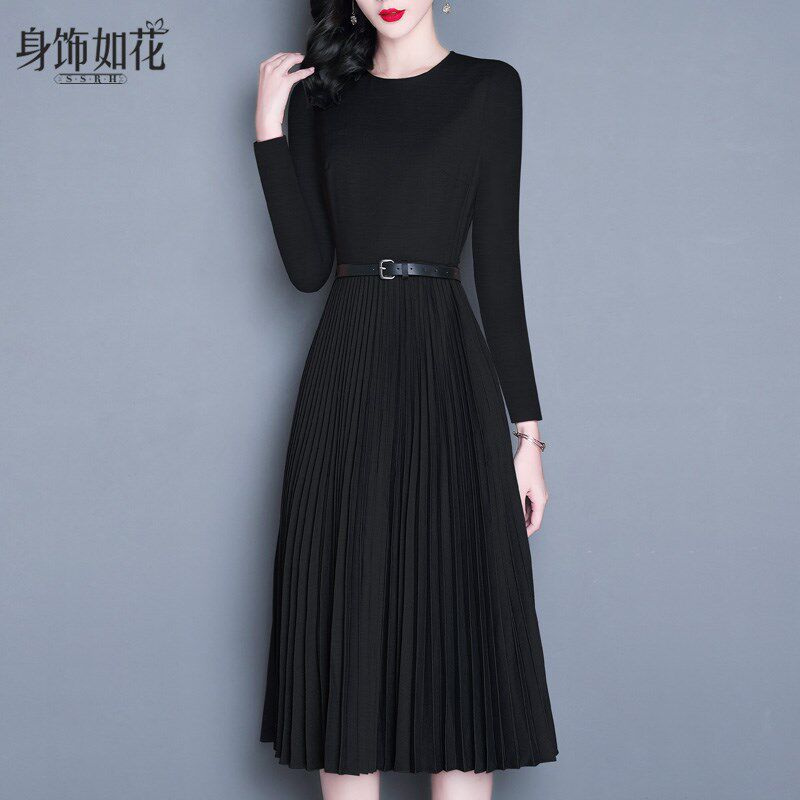 小黑裙2025春秋新款淑女气质修身A字百褶裙中长款长袖黑色连衣裙