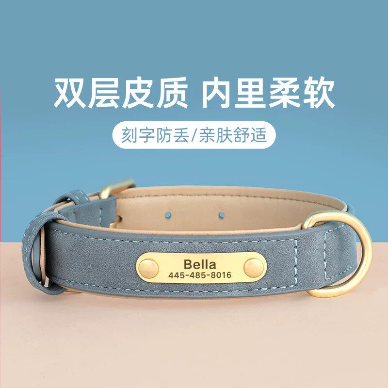 狗项圈中型犬刻字狗牌狗脖圈法斗柯基双层皮质狗圈小型犬防勒颈圈