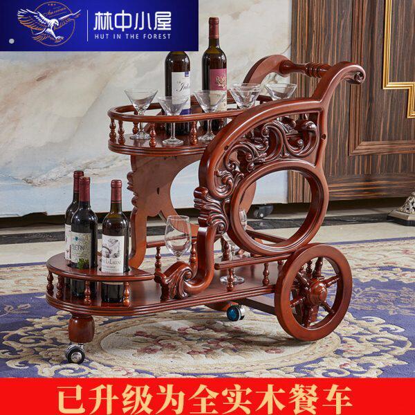 欧式餐车酒水车高档酒店手推车碗碟车全实木豪华双层移动小推拉车