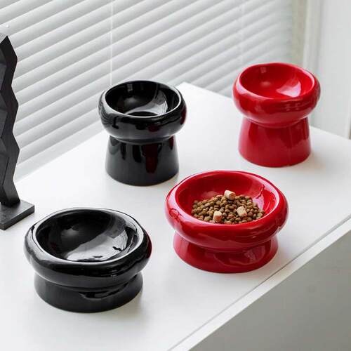 陶瓷猫碗高低脚防打翻护颈椎猫粮碗猫咪狗猫盆饮水双碗宠物用品碗