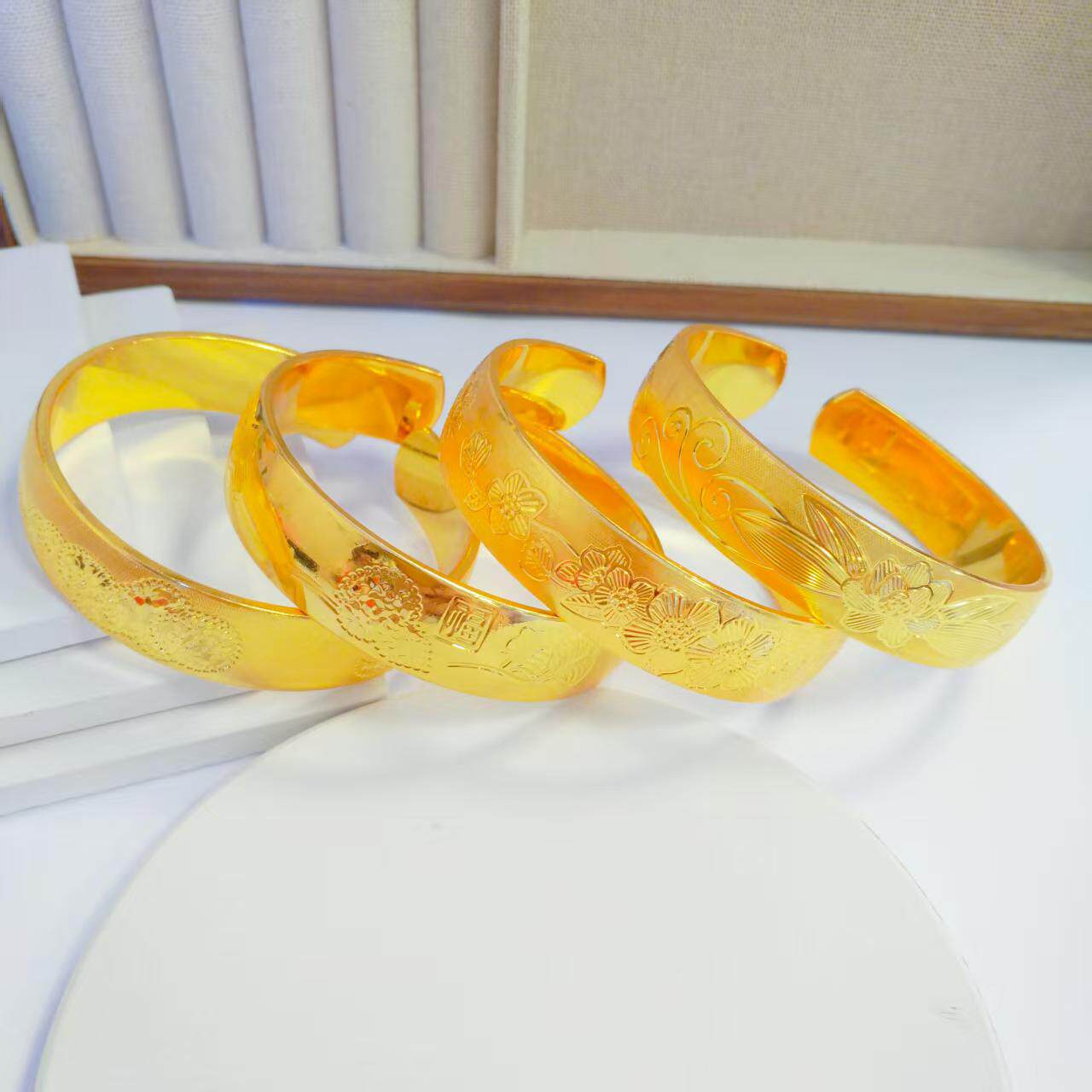 越南沙金宽面cnc手镯福禄古祥婚嫁手饰仿真假黄金开口镯子批发