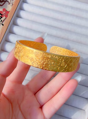 沙金古法錾刻莲花吉言八宝手镯女宽版设计感福字开口手环手饰批发