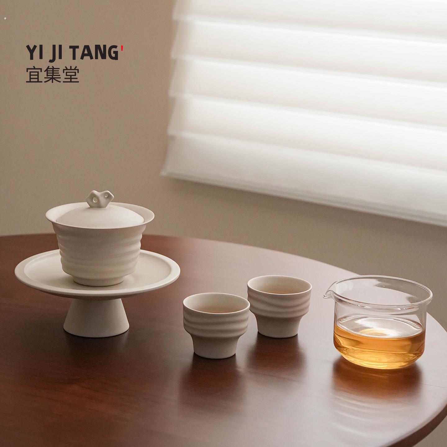 宜集堂川江中古风功夫茶具套装陶瓷盖碗茶具三件套二杯泡茶家用