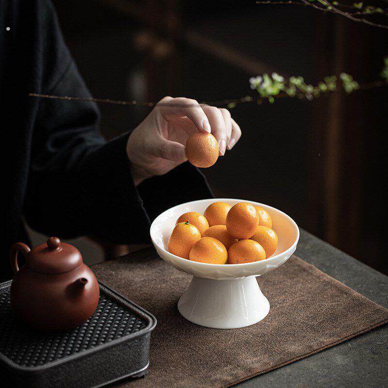 湖田窑仿古高足壶承 手工雕刻莲瓣纹茶点盘功夫茶具托盘
