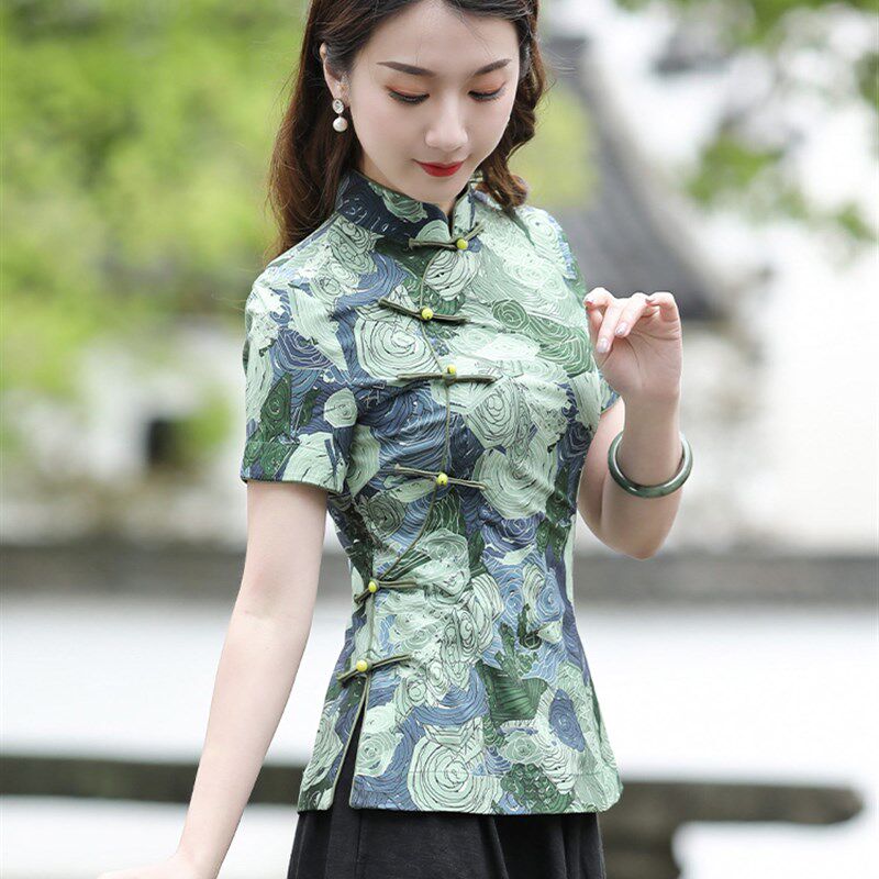 旗袍上衣中式唐装女夏改良式夏季薄款盘扣短袖茶服民国风复古女装