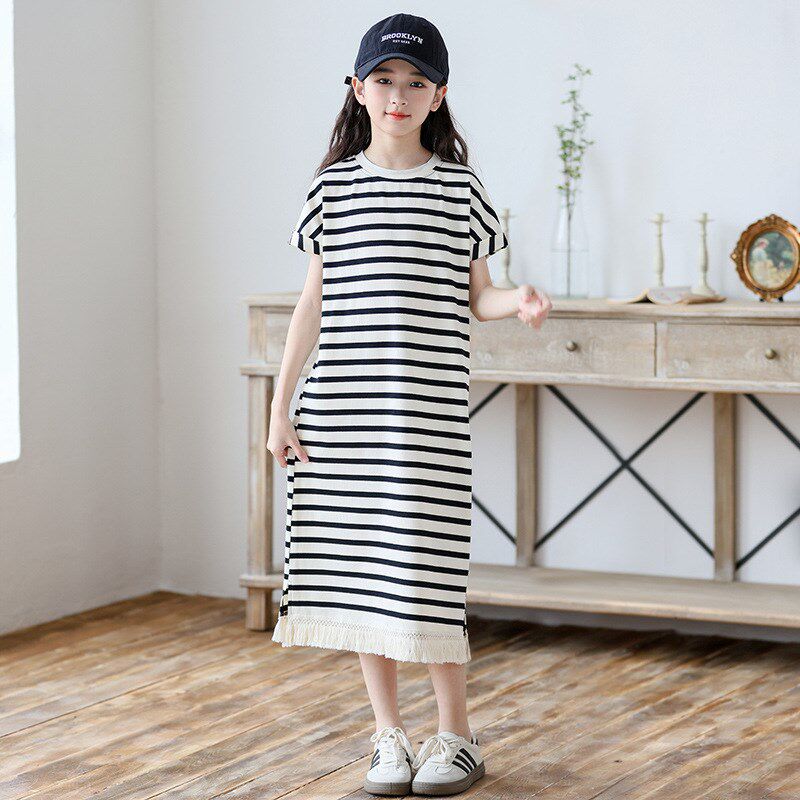 中大童条纹连衣裙夏季女童宽松T恤裙子2024新款小女孩度假长裙子