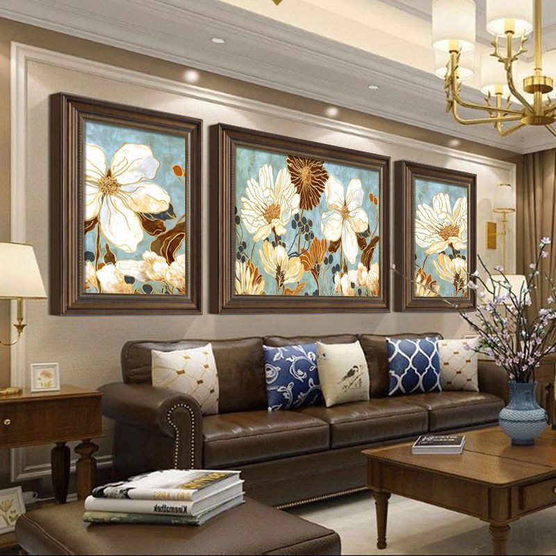 美式油画挂画客厅装饰画沙发背景墙画欧式田园三联画大气复古壁画