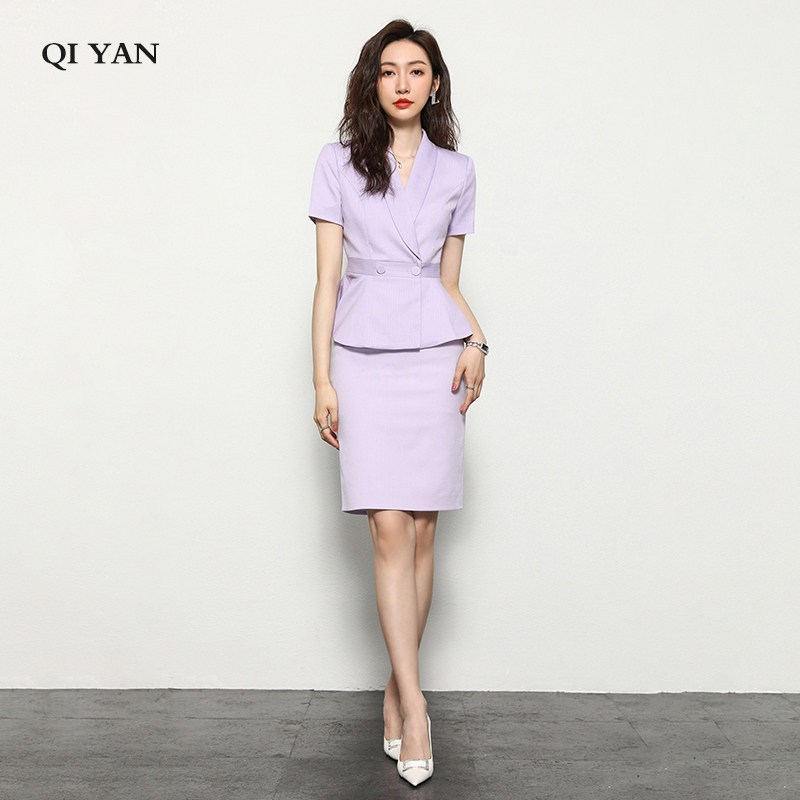 西装套装女2025夏季新款时尚短袖套裙正装紫色西服外套正装工作服