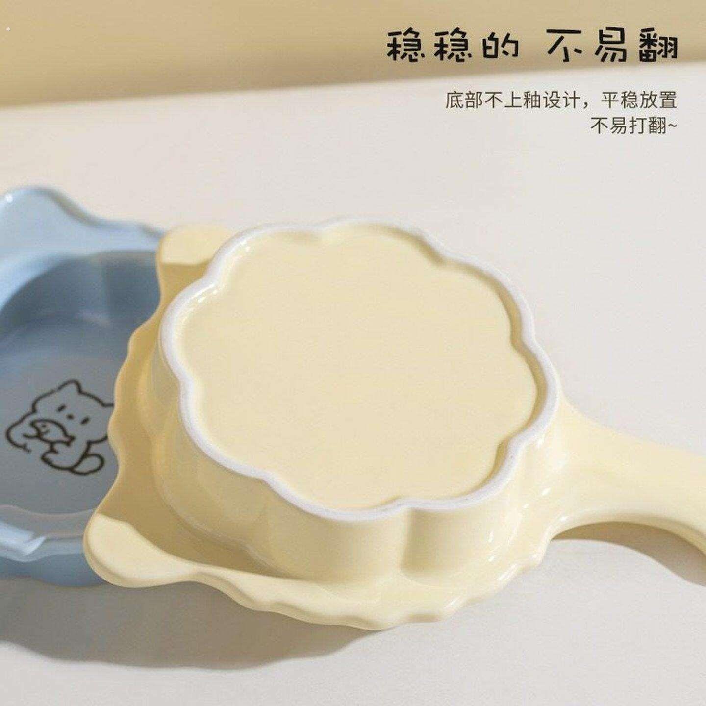 陶瓷猫咪碗可爱猫耳平底锅宠物碗猫狗食盆猫碗饭碗宠物餐盘带把手