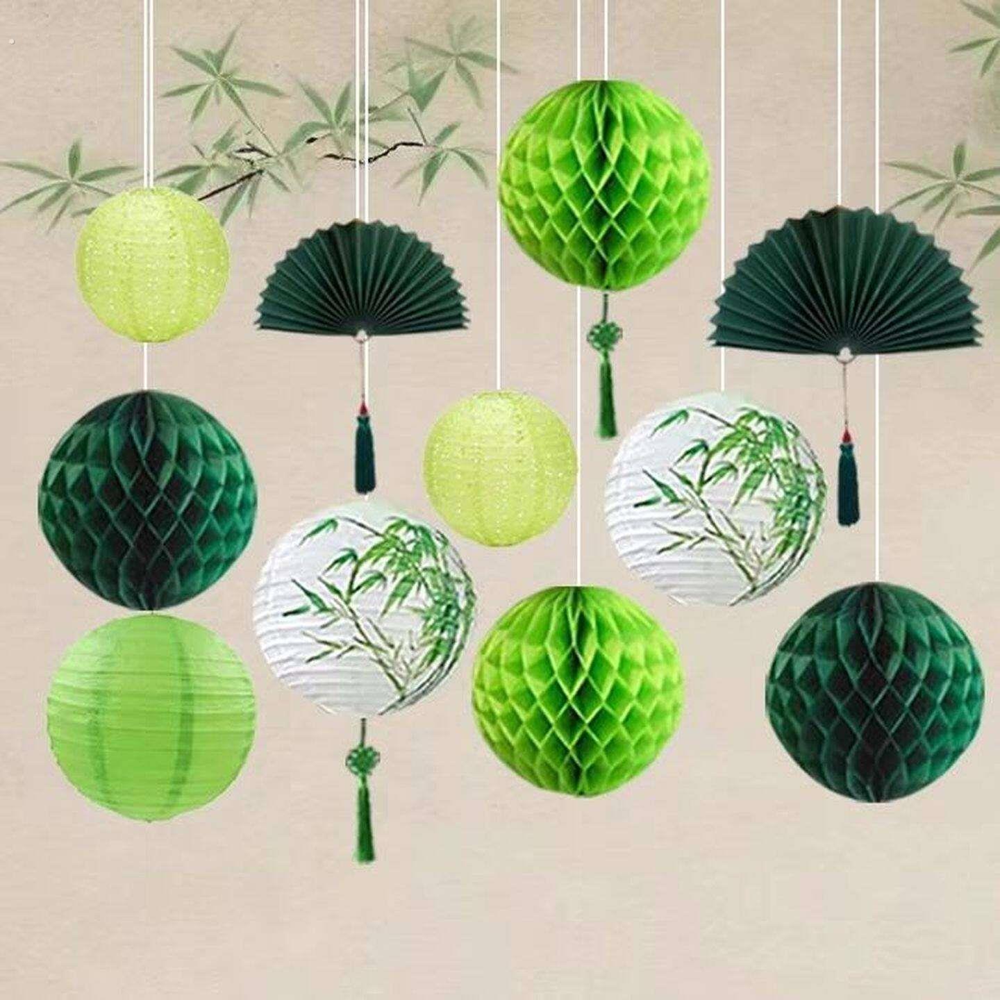 国风古典竹子纸灯笼商场活动店铺橱窗装扮道具幼儿园绿色春天背景