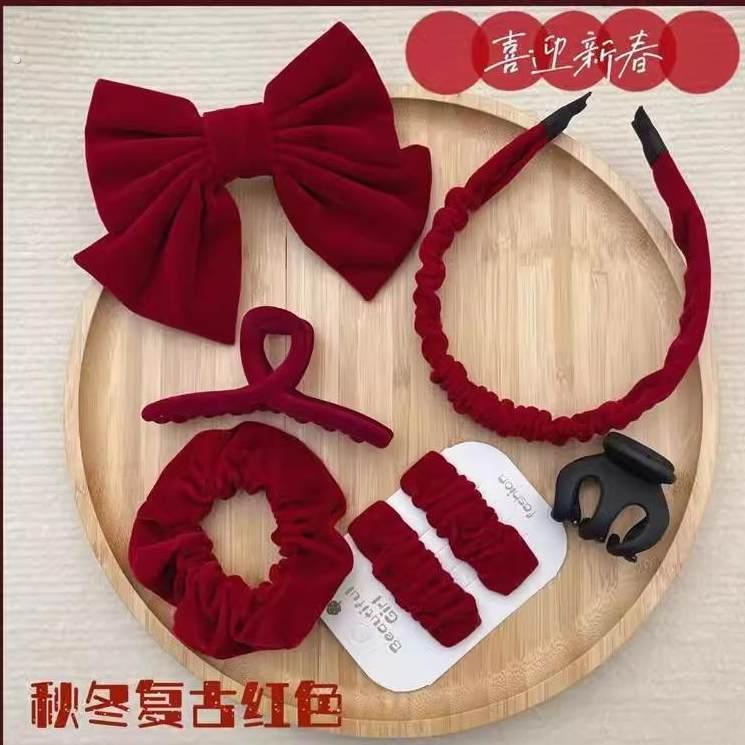红色丝绒蝴蝶结发夹女敬酒服头饰高级感新娘后脑勺半扎发弹簧发夹