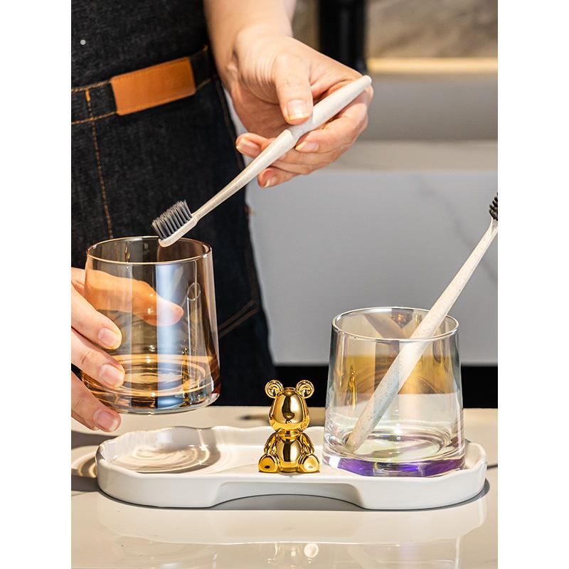 家用轻奢玻璃漱口杯洗漱杯收纳情侣刷牙杯简约高颜值牙缸托盘套装