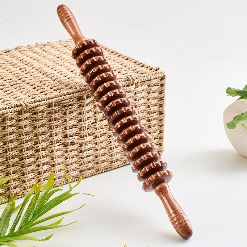 荷木九轮棕色瑜伽按摩棒 木质经络舒展滚轮 适合瘦腿颈椎放松