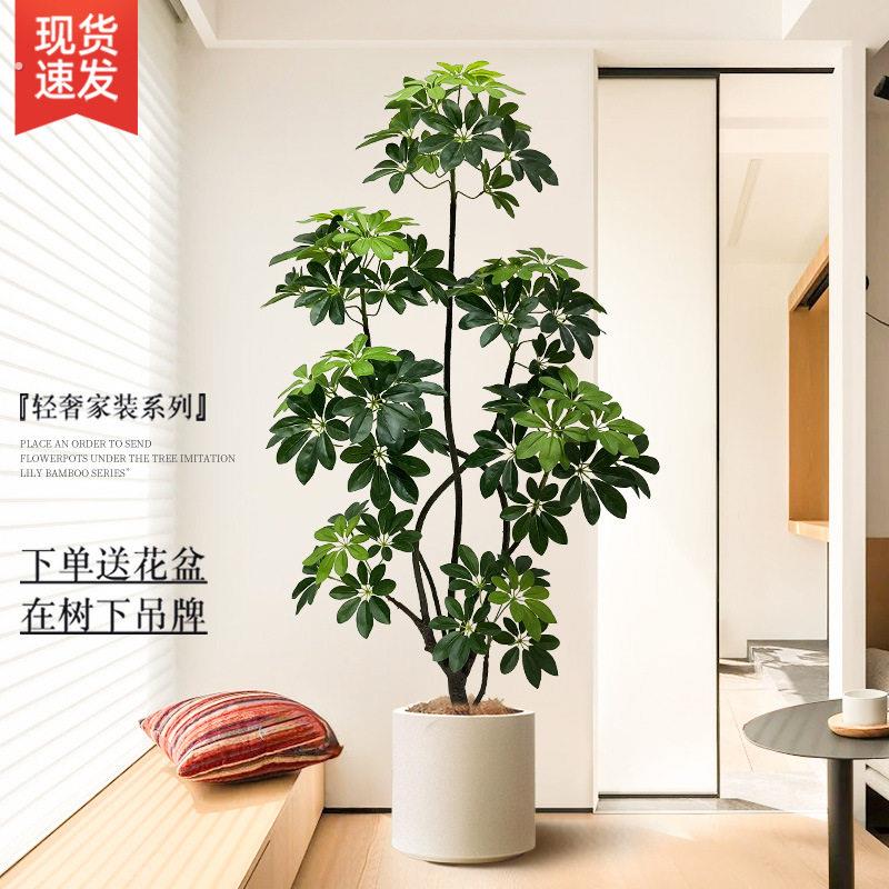 电视柜旁边落地摆件大型室内客厅沙发旁边假植物鸭脚木彷真绿色植