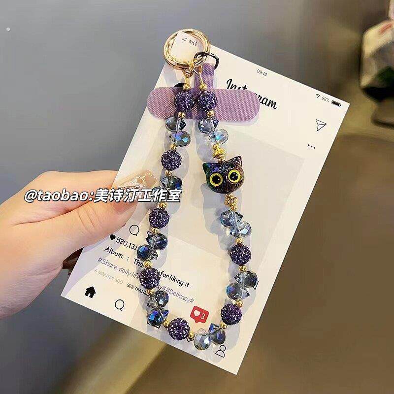 轻奢满钻紫猫头鹰挂链手机挂绳通用吊绳手提手腕挂饰手工串珠链女