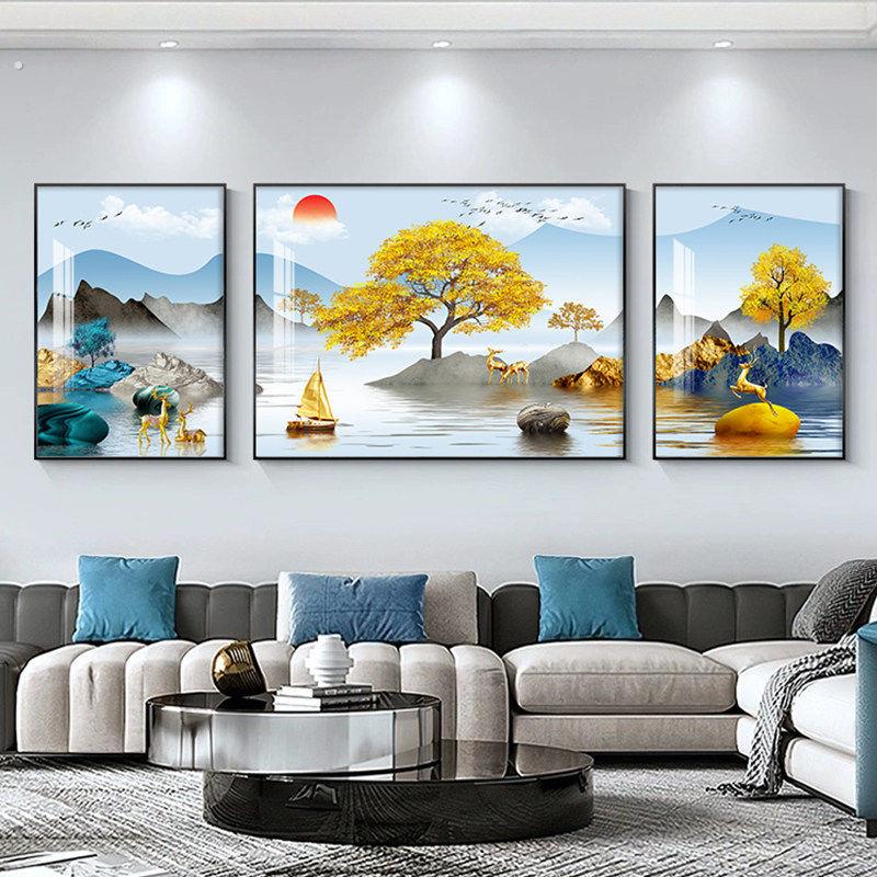 客厅装饰画山水画挂画大气高端沙发背景墙壁画现代简约家庭三联画