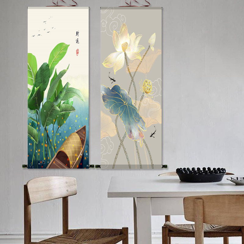 荷花图花鸟画卷轴画丝绸画绢画新中式轻奢挂画玄关装饰画鱼戏莲叶