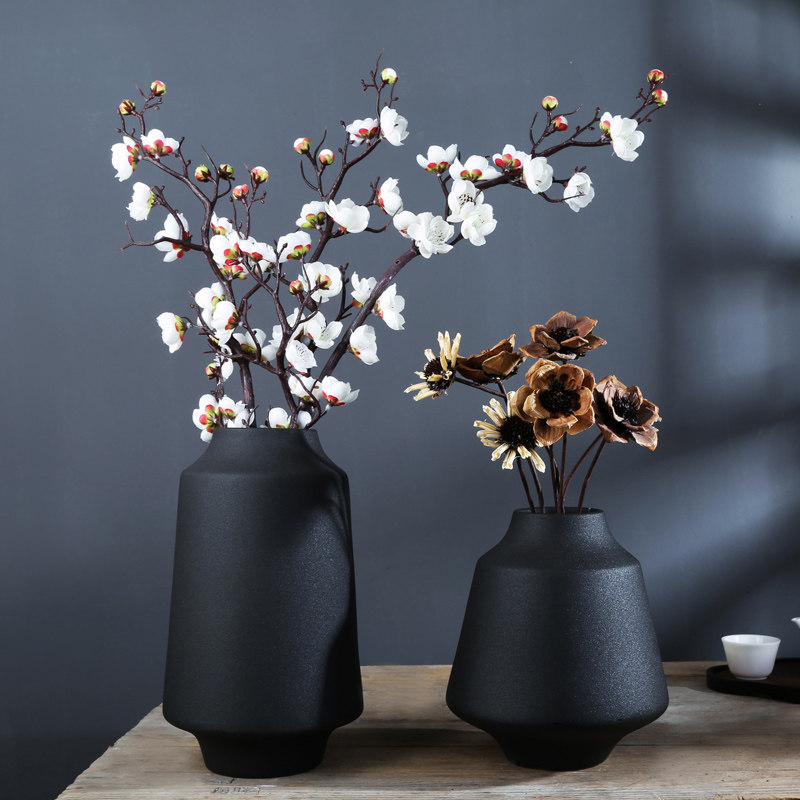 陶瓷黑色花瓶复古干鲜花花插陶罐花器陶艺样品房餐桌办公桌软装饰