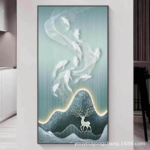 现代轻奢入户玄关装饰画客厅走廊过道壁画竖版好寓意进门晶瓷挂画