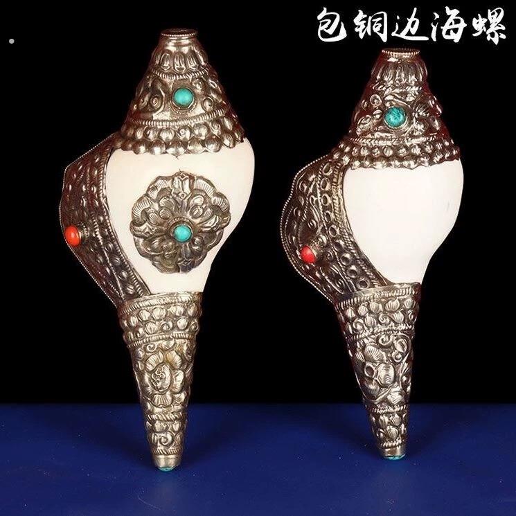 藏式铜边海螺自然右旋海螺家居装饰海螺摆件镶嵌松石法螺可吹响