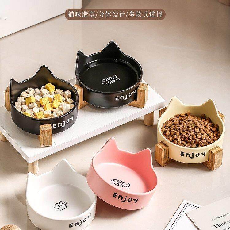 高温木架陶瓷狗碗猫碗大口径喝水食盆防打翻水碗宠物碗水粮两用