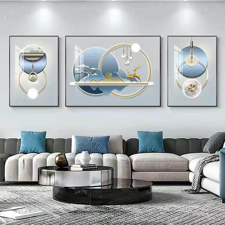 新款轻奢高档现代装饰福禄几何三联壁画沙发背景墙有带框挂画简约