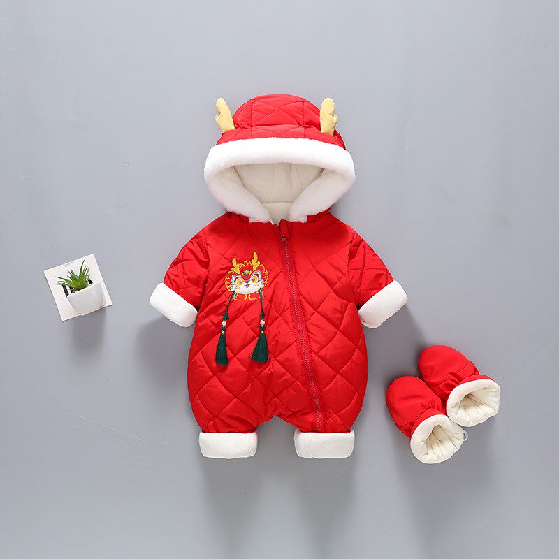 婴儿连体衣宝宝新年服拜年过年喜庆红色龙年衣服满月冬新生儿冬装