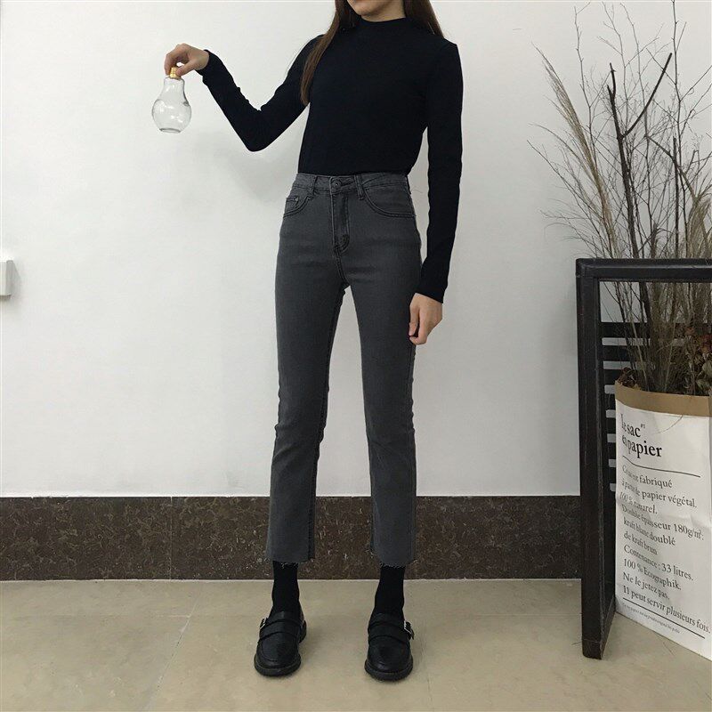小个子145高腰烟灰色牛仔裤八分女150百搭九分修身弹力直筒裤XS码