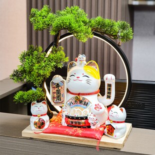 招财猫摆件自动招手店铺收银台前台装饰开业礼物迎客松发财猫新款