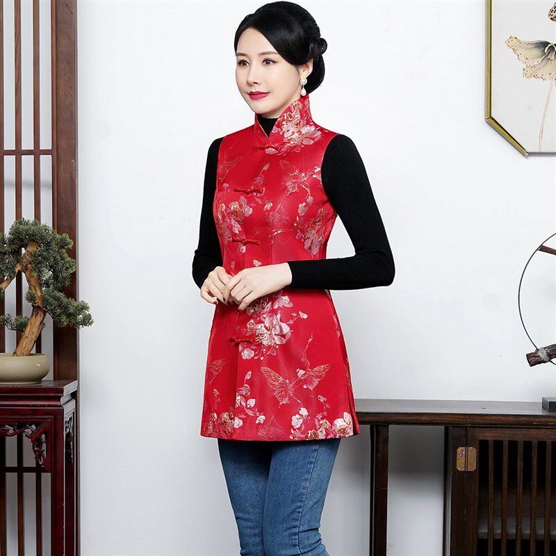 红色中国风旗袍上衣女士唐装春秋装中式背心马夹马甲外套过年服装