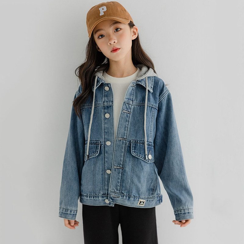 女童牛仔连帽外套开衫春秋冬加绒加厚中大童秋装上衣洋气女孩衣服