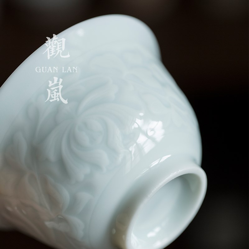 观岚影青浮雕芙蓉花二才手抓茶盖碗单个大号喝茶碗手工薄胎防烫手