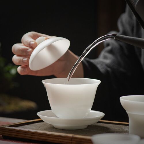 中国白素烧冰种羊脂玉瓷功夫茶具德化白瓷薄胎三才盖碗单个泡茶碗