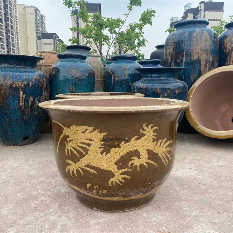龙缸花盆均釉陶土缸粗陶大口陶瓷特大型家用铁树圆形田园绿植龙盆