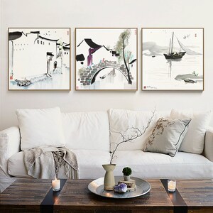 吴冠中装饰画江南水乡新中式客厅沙发背景墙水墨挂画茶室中式禅意