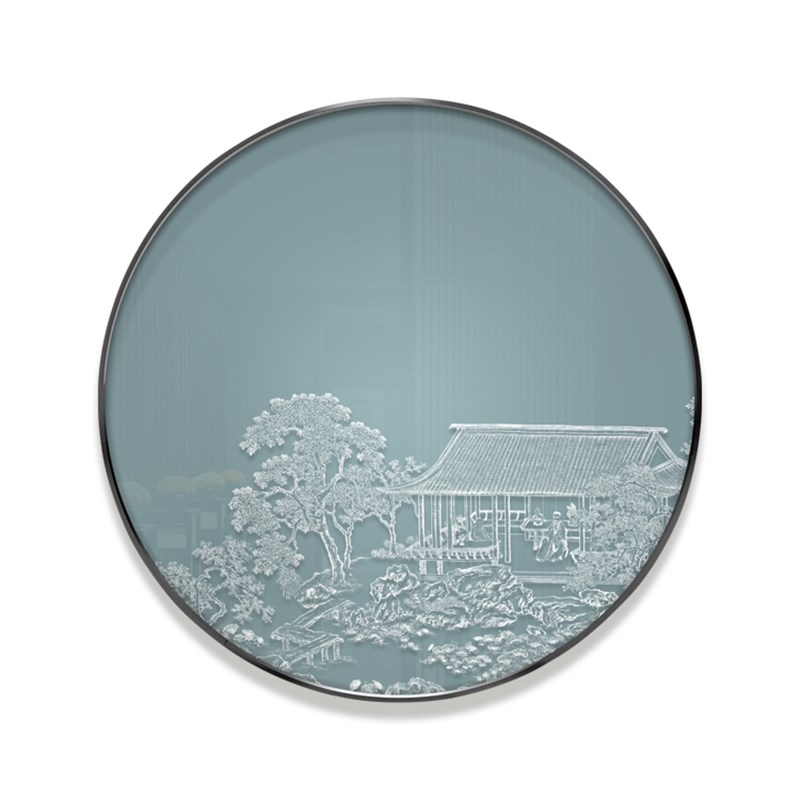 新中式云山楼阁图玄关客厅圆形装饰画立体浮雕书房背景墙挂画禅意