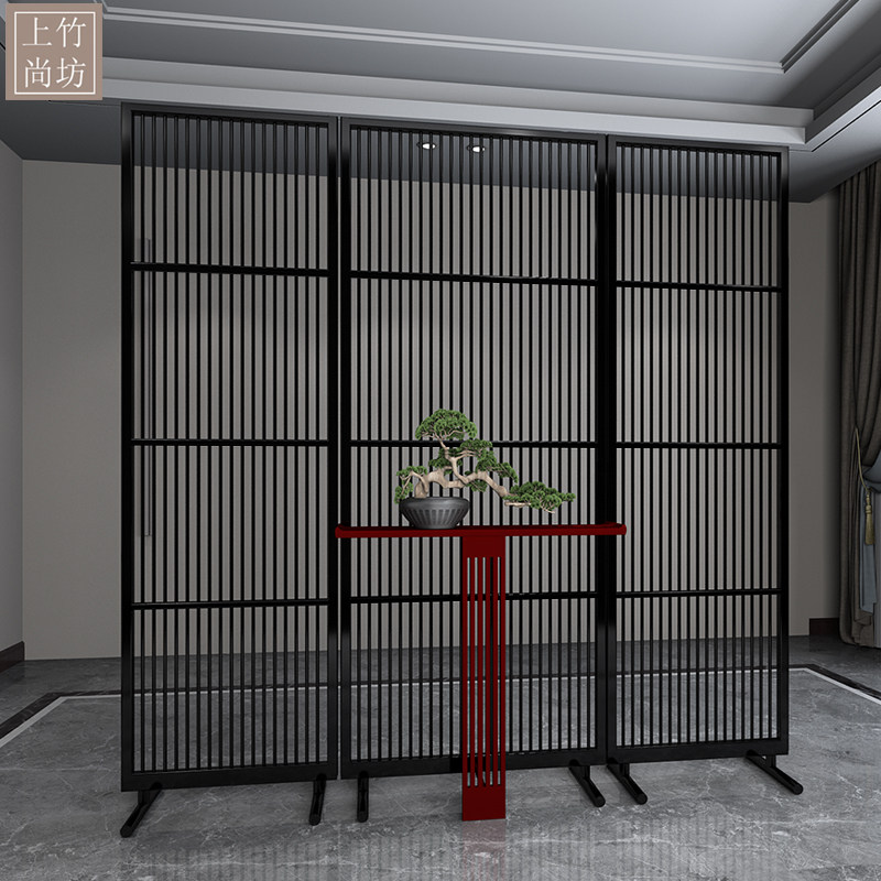 DIY新中式屏风黑色白色混搭隔断北欧入户客厅小户型落地活动屏风